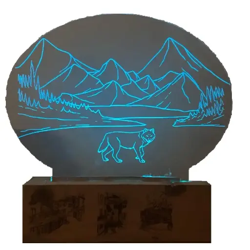 Lampe Plexiglass, motif : Loup en montagne